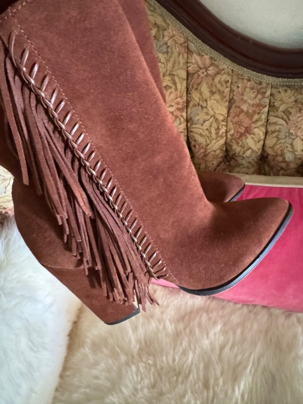 Dolce Vita Rust Brown Suede Fringe Boots pointy toe Western Chic heeled booties